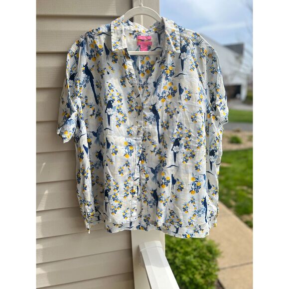 Izacc Mizrahi Linen Button Top Plus White Blue Floral Bird Lemon Short Sleeve - Picture 1 of 5